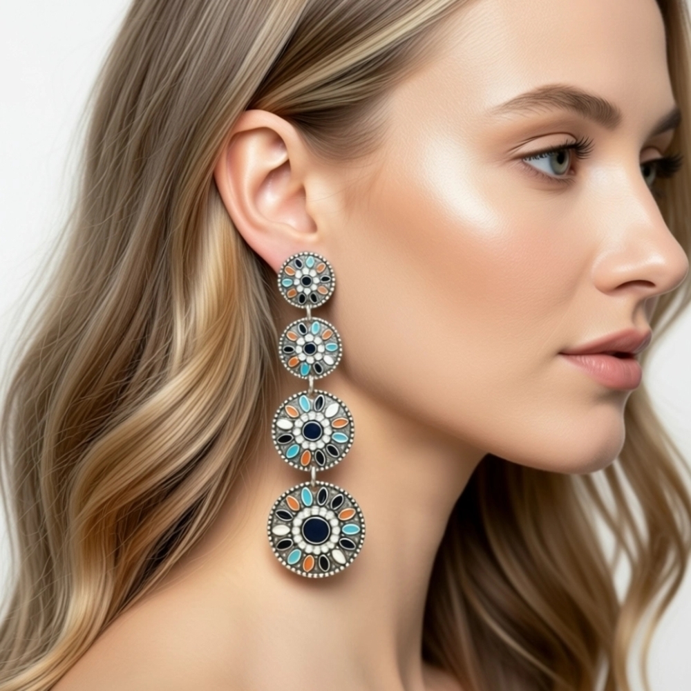 Boho Silver-Tone Triple Drop Earrings with Blue, Teal and Peach Accents